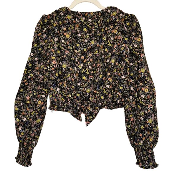 RESET by Jane Corina Top Black Floral S Cropped Tie-Front Balloon Sleeve Blouse - Picture 6 of 9